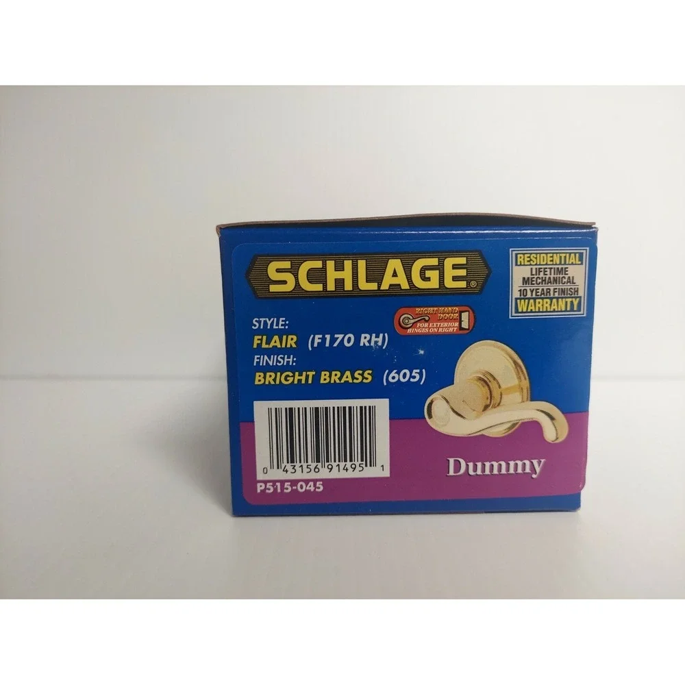 NEW Schlage Flair Style Dummy Bright Brass Right-Handed Lever French Door Knob